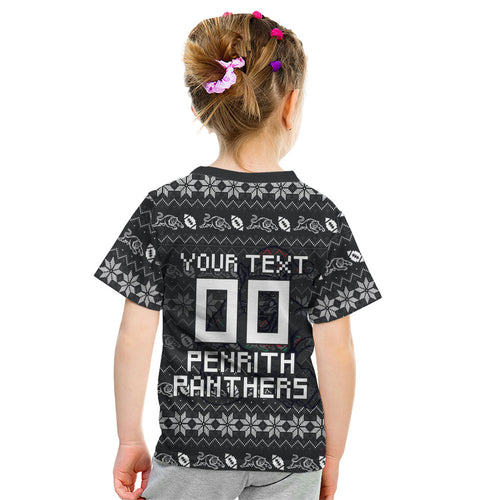 Personalized Penrith Panthers Christmas Kid T Shirt Australian Rugby Fans - Pixelated Ugly Xmas Pattern Mascot Santa