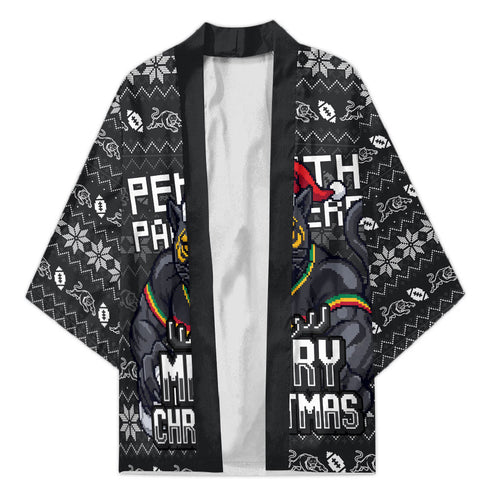 Personalized Penrith Panthers Christmas Kimono Australian Rugby Fans - Pixelated Ugly Xmas Pattern Mascot Santa