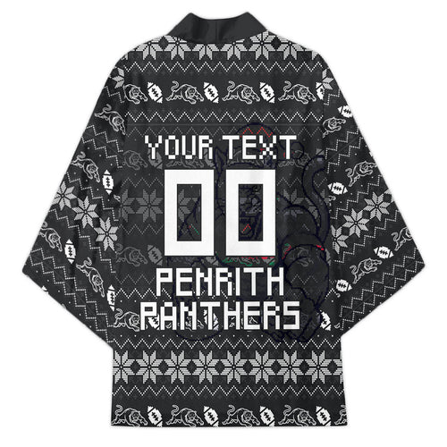Personalized Penrith Panthers Christmas Kimono Australian Rugby Fans - Pixelated Ugly Xmas Pattern Mascot Santa