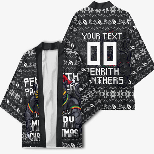 Personalized Penrith Panthers Christmas Kimono Australian Rugby Fans - Pixelated Ugly Xmas Pattern Mascot Santa