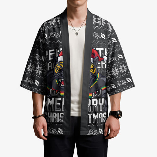 Personalized Penrith Panthers Christmas Kimono Australian Rugby Fans - Pixelated Ugly Xmas Pattern Mascot Santa