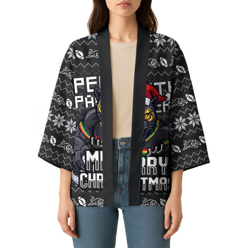 Personalized Penrith Panthers Christmas Kimono Australian Rugby Fans - Pixelated Ugly Xmas Pattern Mascot Santa