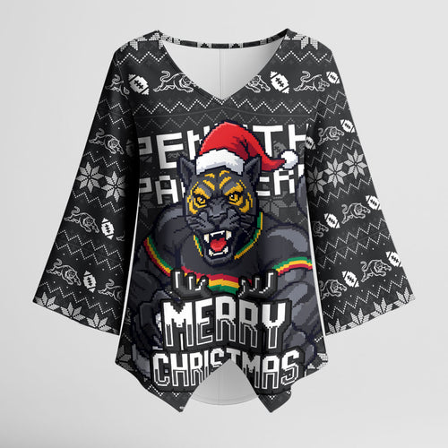 Personalized Penrith Panthers Christmas Kimono Sleeve Blouse Australian Rugby Fans - Pixelated Ugly Xmas Pattern Mascot Santa