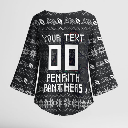 Personalized Penrith Panthers Christmas Kimono Sleeve Blouse Australian Rugby Fans - Pixelated Ugly Xmas Pattern Mascot Santa