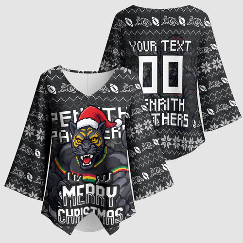Personalized Penrith Panthers Christmas Kimono Sleeve Blouse Australian Rugby Fans - Pixelated Ugly Xmas Pattern Mascot Santa