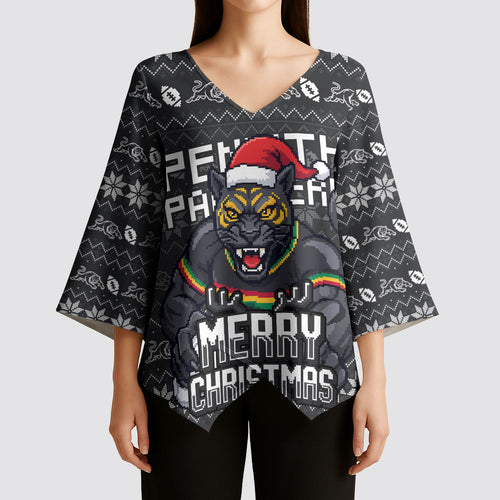 Personalized Penrith Panthers Christmas Kimono Sleeve Blouse Australian Rugby Fans - Pixelated Ugly Xmas Pattern Mascot Santa