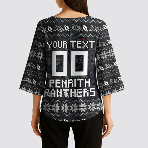Personalized Penrith Panthers Christmas Kimono Sleeve Blouse Australian Rugby Fans - Pixelated Ugly Xmas Pattern Mascot Santa