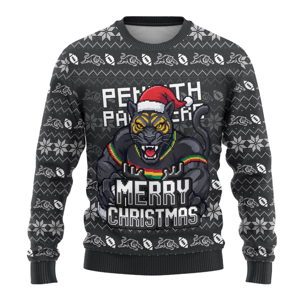 Personalized Penrith Panthers Christmas Ugly Christmas Sweater Australian Rugby Fans - Pixelated Ugly Xmas Pattern Mascot Santa