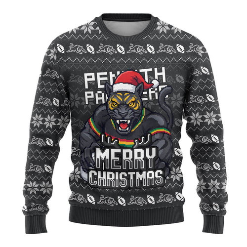 Personalized Penrith Panthers Christmas Ugly Christmas Sweater Australian Rugby Fans - Pixelated Ugly Xmas Pattern Mascot Santa