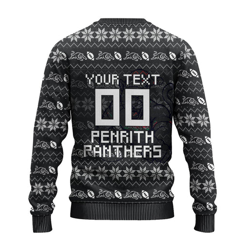 Personalized Penrith Panthers Christmas Ugly Christmas Sweater Australian Rugby Fans - Pixelated Ugly Xmas Pattern Mascot Santa