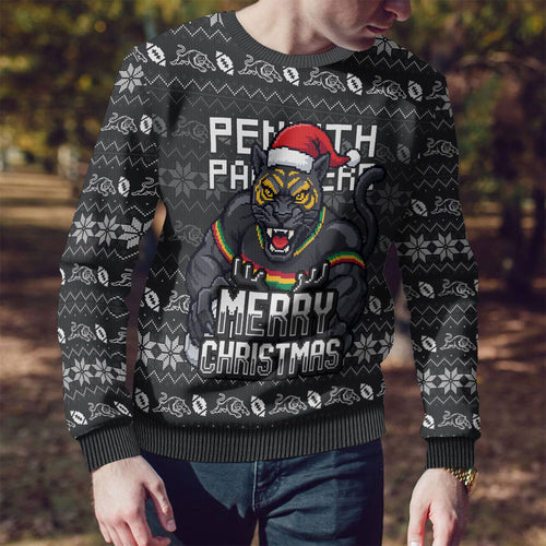 Personalized Penrith Panthers Christmas Ugly Christmas Sweater Australian Rugby Fans - Pixelated Ugly Xmas Pattern Mascot Santa