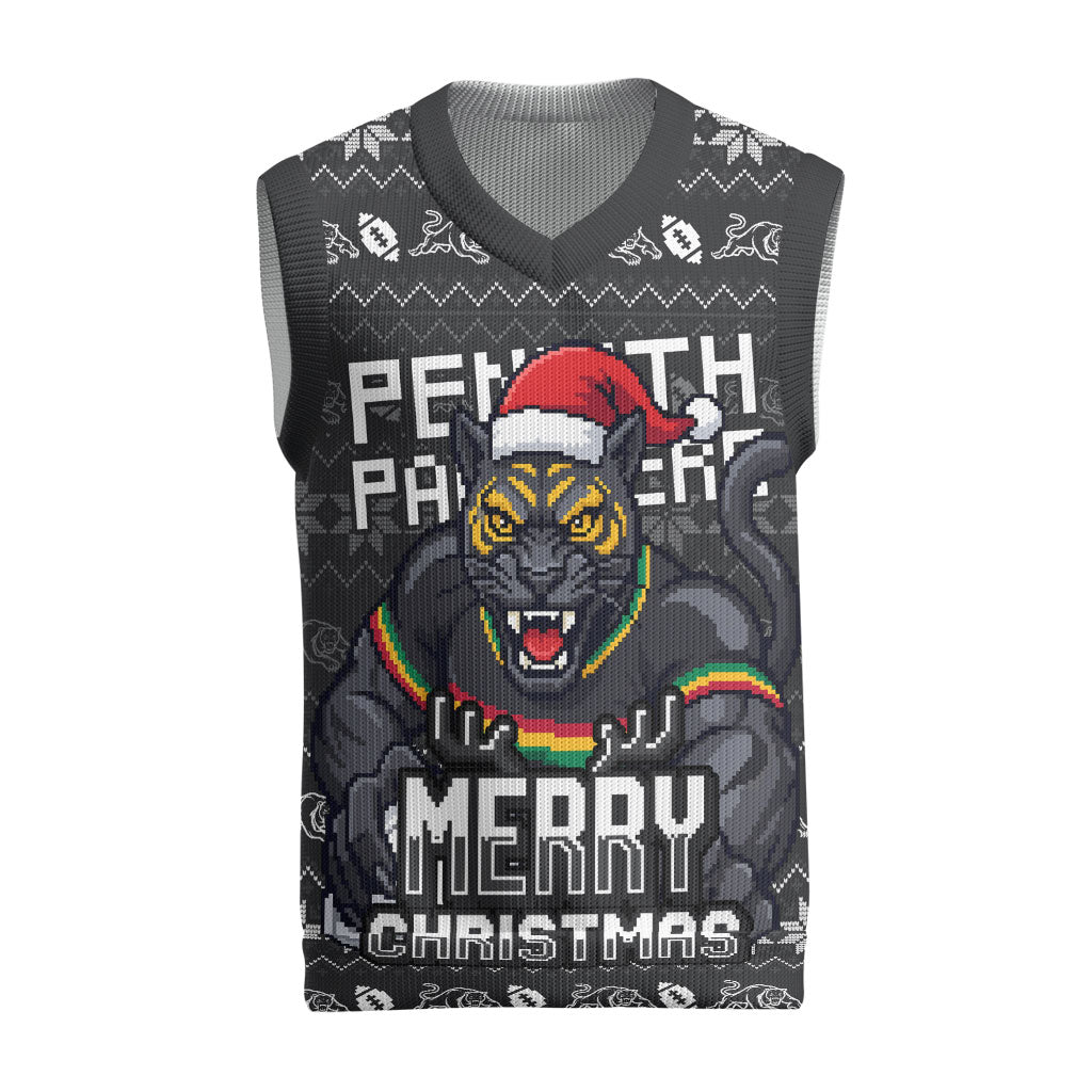 Personalized Penrith Panthers Christmas Knitted V-Neck Vest Australian Rugby Fans - Pixelated Ugly Xmas Pattern Mascot Santa