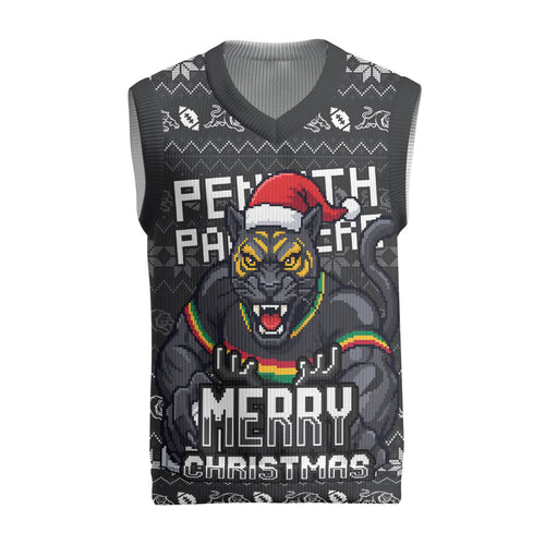 Personalized Penrith Panthers Christmas Knitted V-Neck Vest Australian Rugby Fans - Pixelated Ugly Xmas Pattern Mascot Santa