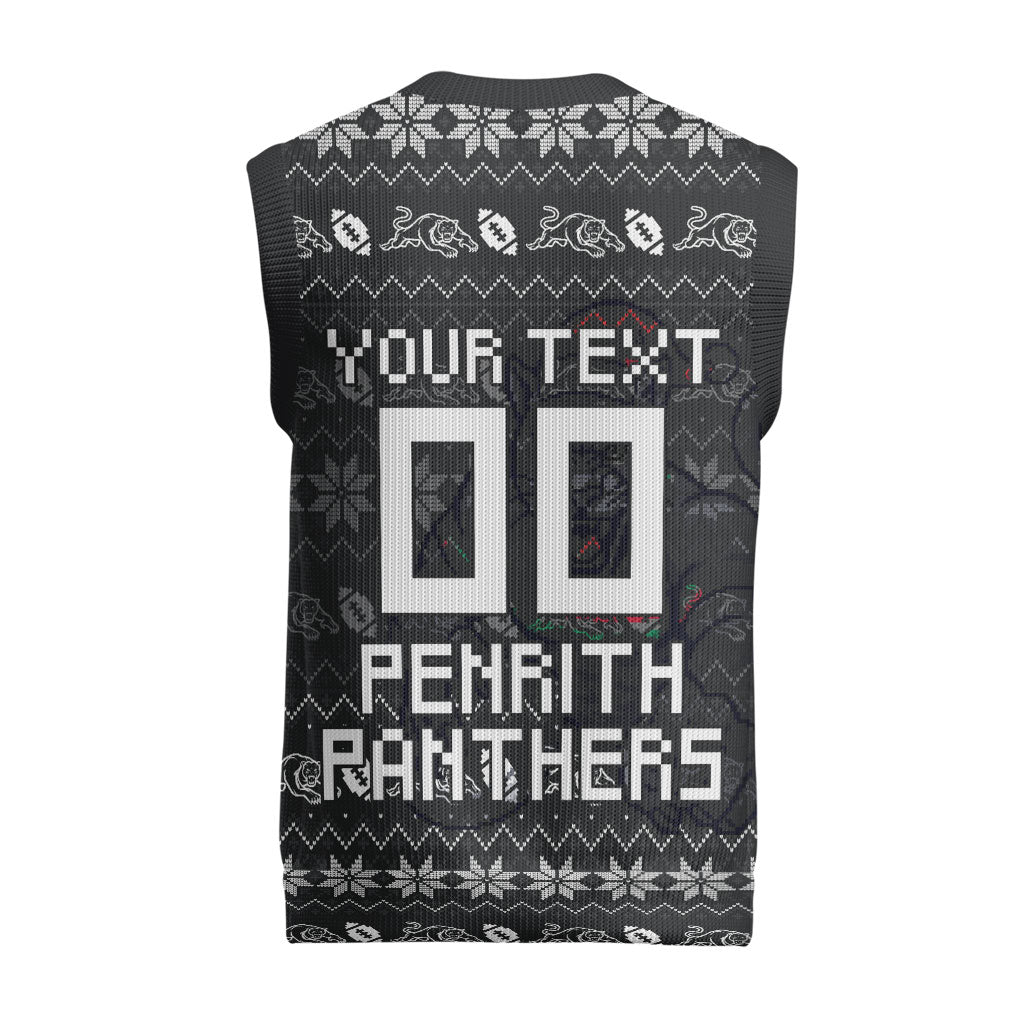Personalized Penrith Panthers Christmas Knitted V-Neck Vest Australian Rugby Fans - Pixelated Ugly Xmas Pattern Mascot Santa