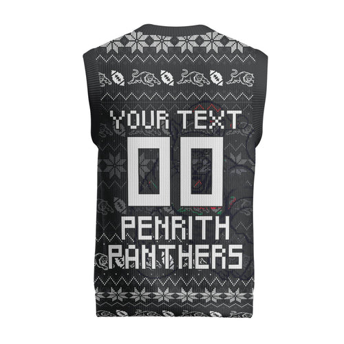 Personalized Penrith Panthers Christmas Knitted V-Neck Vest Australian Rugby Fans - Pixelated Ugly Xmas Pattern Mascot Santa