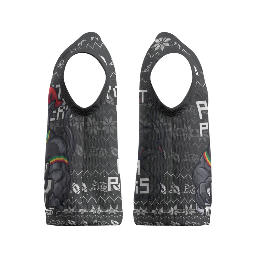 Personalized Penrith Panthers Christmas Knitted V-Neck Vest Australian Rugby Fans - Pixelated Ugly Xmas Pattern Mascot Santa