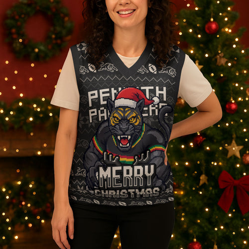 Personalized Penrith Panthers Christmas Knitted V-Neck Vest Australian Rugby Fans - Pixelated Ugly Xmas Pattern Mascot Santa