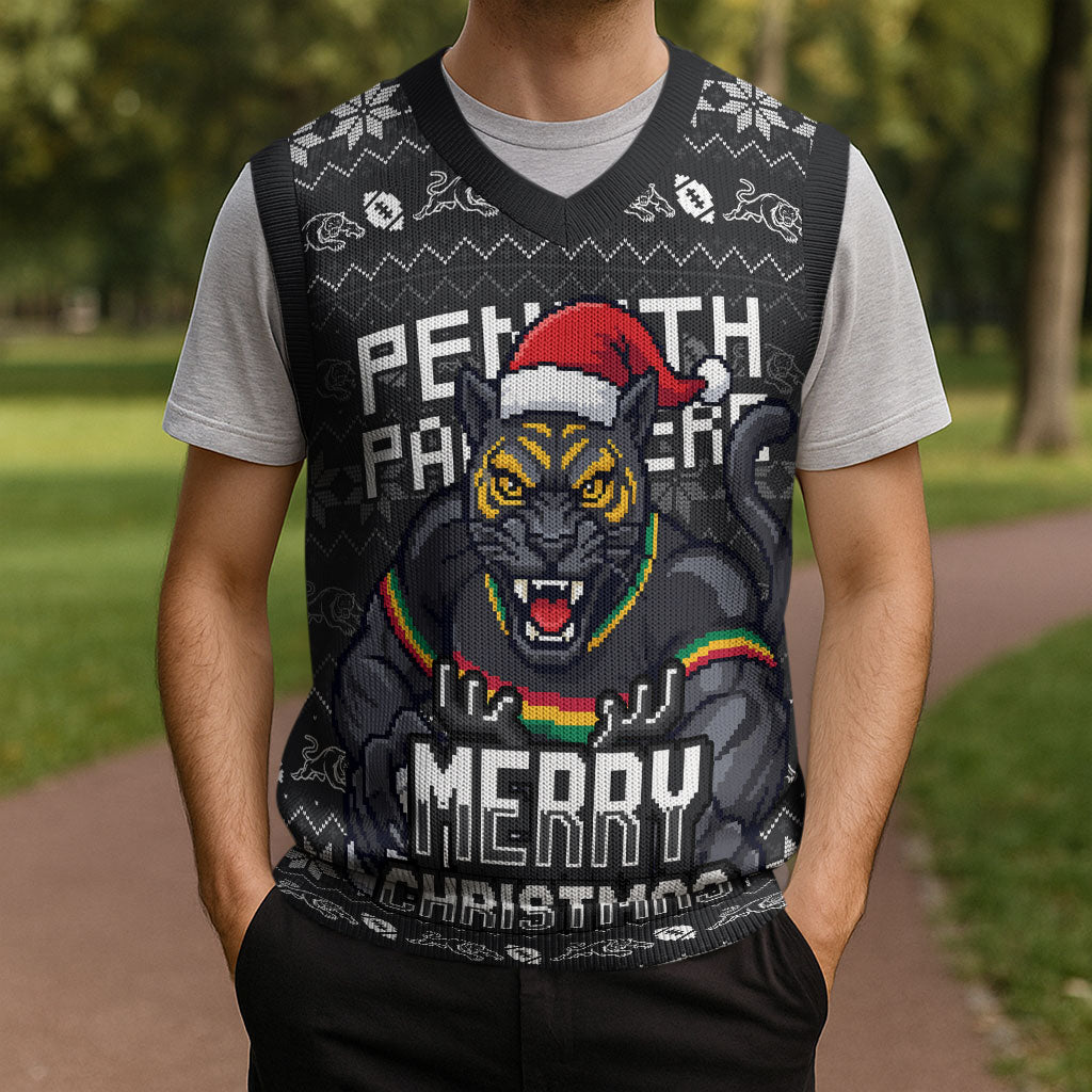 Personalized Penrith Panthers Christmas Knitted V-Neck Vest Australian Rugby Fans - Pixelated Ugly Xmas Pattern Mascot Santa