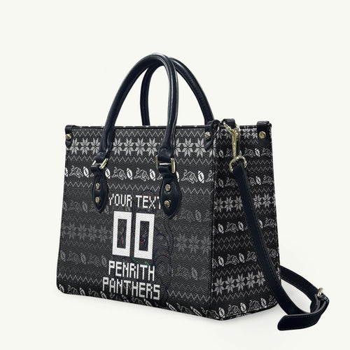 Personalized Penrith Panthers Christmas Leather Bag Australian Rugby Fans - Pixelated Ugly Xmas Pattern Mascot Santa