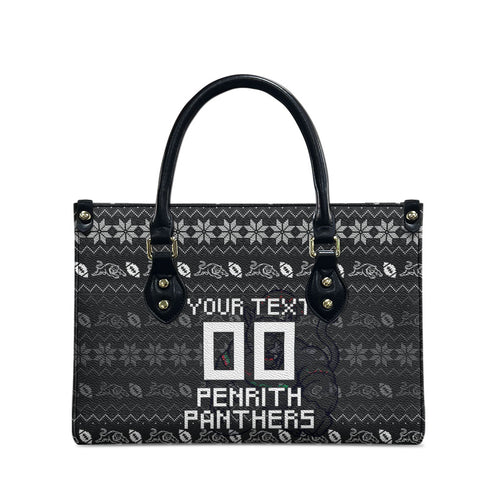 Personalized Penrith Panthers Christmas Leather Bag Australian Rugby Fans - Pixelated Ugly Xmas Pattern Mascot Santa