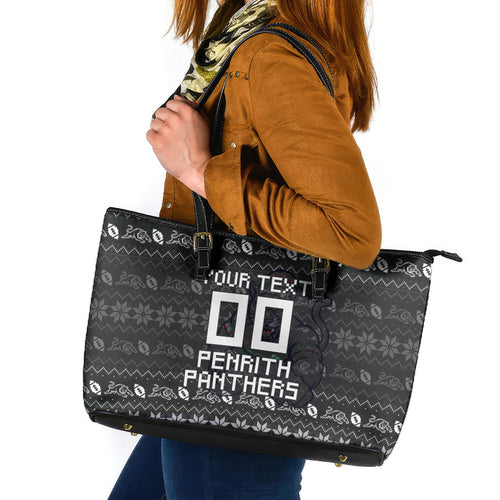 Personalized Penrith Panthers Christmas Leather Tote Bag Australian Rugby Fans - Pixelated Ugly Xmas Pattern Mascot Santa