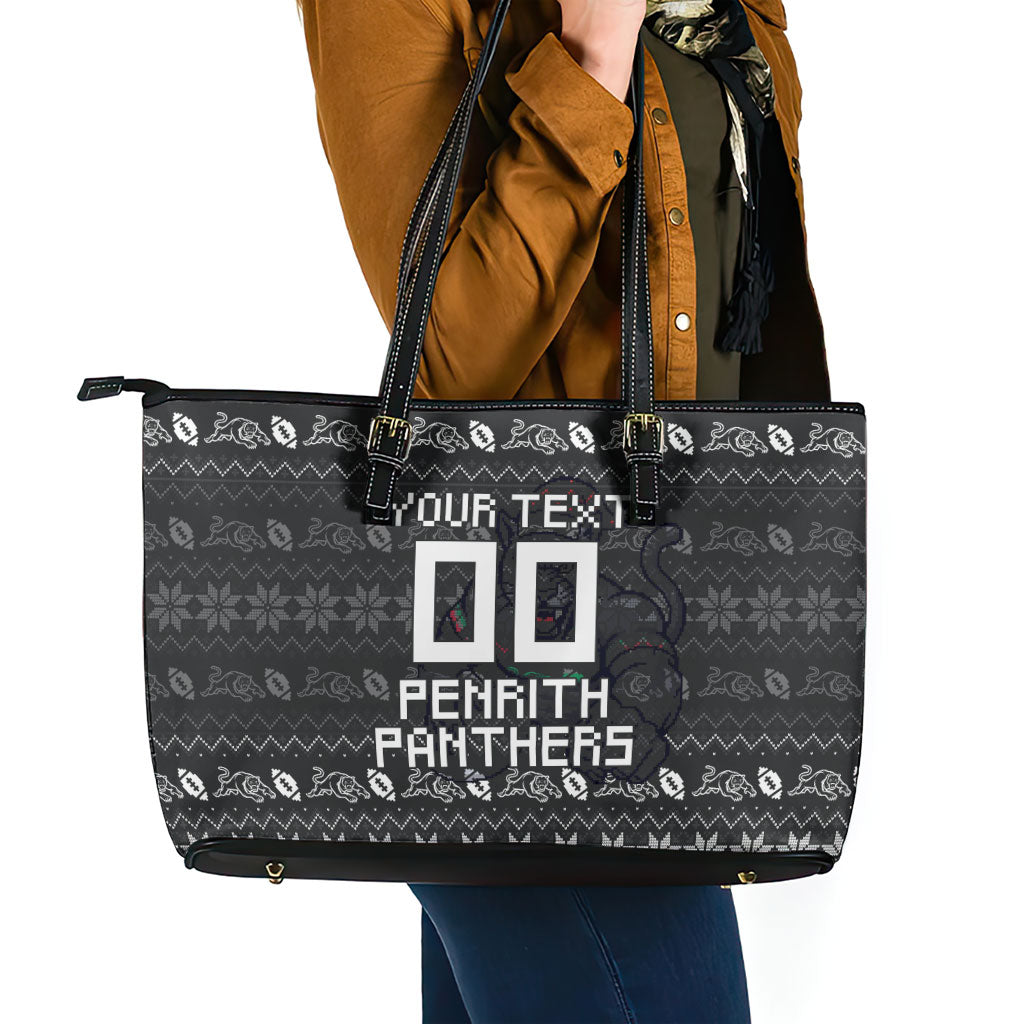 Personalized Penrith Panthers Christmas Leather Tote Bag Australian Rugby Fans - Pixelated Ugly Xmas Pattern Mascot Santa