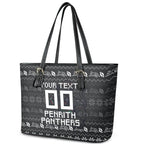 Personalized Penrith Panthers Christmas Leather Tote Bag Australian Rugby Fans - Pixelated Ugly Xmas Pattern Mascot Santa