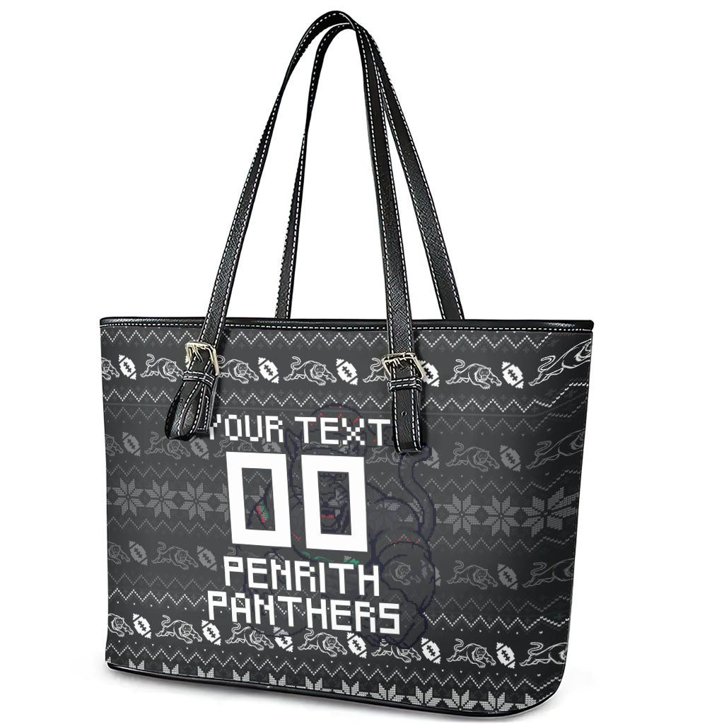 Personalized Penrith Panthers Christmas Leather Tote Bag Australian Rugby Fans - Pixelated Ugly Xmas Pattern Mascot Santa