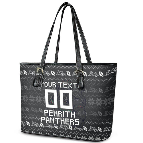 Personalized Penrith Panthers Christmas Leather Tote Bag Australian Rugby Fans - Pixelated Ugly Xmas Pattern Mascot Santa