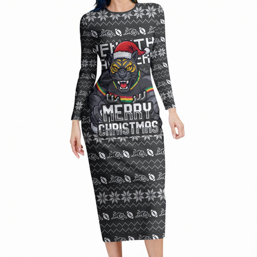 Personalized Penrith Panthers Christmas Long Sleeve Bodycon Dress Australian Rugby Fans - Pixelated Ugly Xmas Pattern Mascot Santa