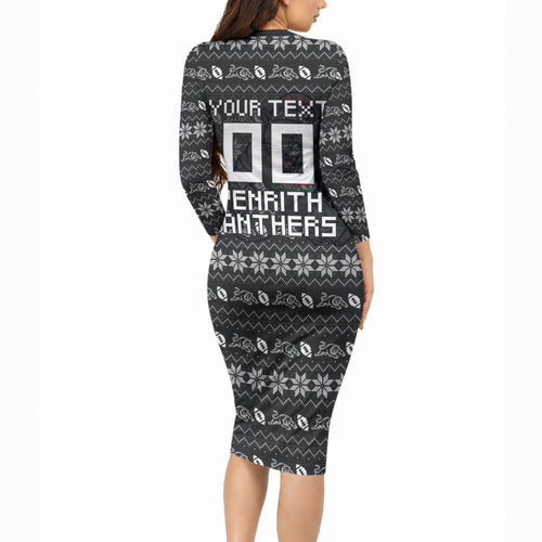 Personalized Penrith Panthers Christmas Long Sleeve Bodycon Dress Australian Rugby Fans - Pixelated Ugly Xmas Pattern Mascot Santa