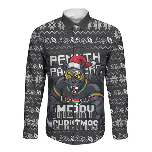Personalized Penrith Panthers Christmas Long Sleeve Button Shirt Australian Rugby Fans - Pixelated Ugly Xmas Pattern Mascot Santa