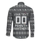 Personalized Penrith Panthers Christmas Long Sleeve Button Shirt Australian Rugby Fans - Pixelated Ugly Xmas Pattern Mascot Santa