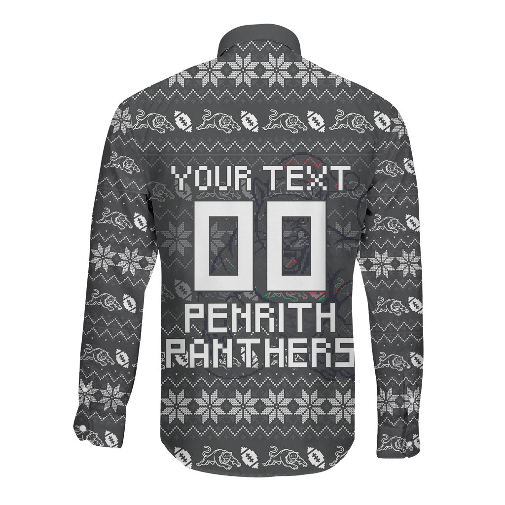 Personalized Penrith Panthers Christmas Long Sleeve Button Shirt Australian Rugby Fans - Pixelated Ugly Xmas Pattern Mascot Santa
