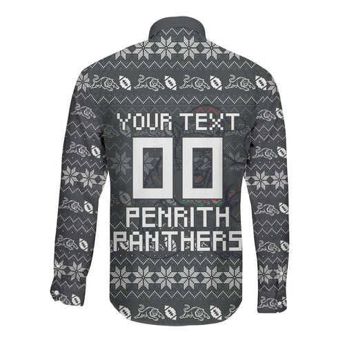 Personalized Penrith Panthers Christmas Long Sleeve Button Shirt Australian Rugby Fans - Pixelated Ugly Xmas Pattern Mascot Santa