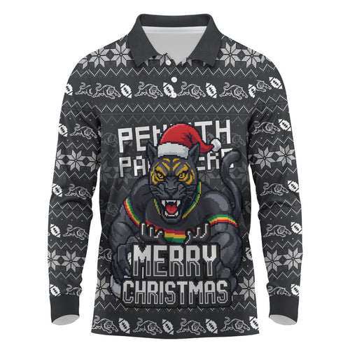 Personalized Penrith Panthers Christmas Long Sleeve Polo Shirt Australian Rugby Fans - Pixelated Ugly Xmas Pattern Mascot Santa