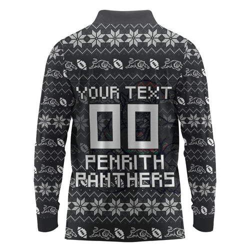 Personalized Penrith Panthers Christmas Long Sleeve Polo Shirt Australian Rugby Fans - Pixelated Ugly Xmas Pattern Mascot Santa