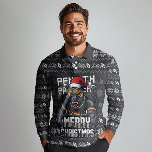 Personalized Penrith Panthers Christmas Long Sleeve Polo Shirt Australian Rugby Fans - Pixelated Ugly Xmas Pattern Mascot Santa