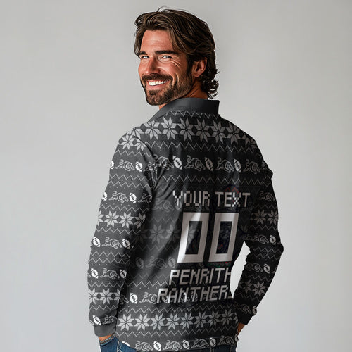 Personalized Penrith Panthers Christmas Long Sleeve Polo Shirt Australian Rugby Fans - Pixelated Ugly Xmas Pattern Mascot Santa