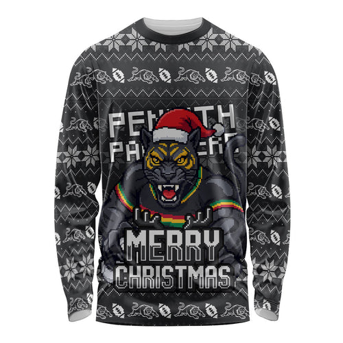 Personalized Penrith Panthers Christmas Long Sleeve Shirt Australian Rugby Fans - Pixelated Ugly Xmas Pattern Mascot Santa