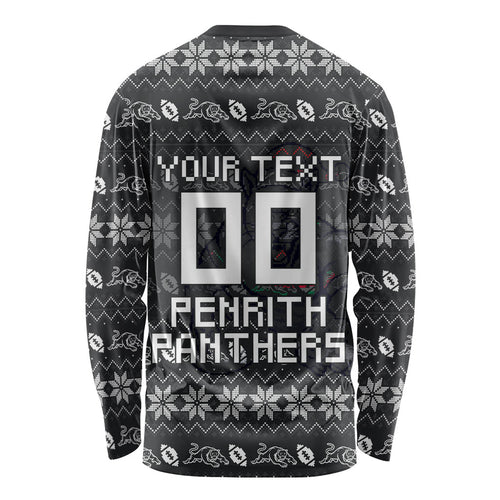 Personalized Penrith Panthers Christmas Long Sleeve Shirt Australian Rugby Fans - Pixelated Ugly Xmas Pattern Mascot Santa