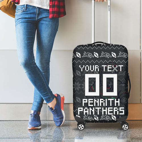 Personalized Penrith Panthers Christmas Luggage Cover Australian Rugby Fans - Pixelated Ugly Xmas Pattern Mascot Santa