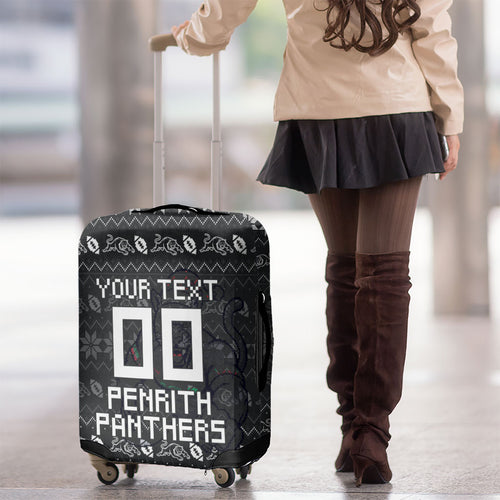 Personalized Penrith Panthers Christmas Luggage Cover Australian Rugby Fans - Pixelated Ugly Xmas Pattern Mascot Santa