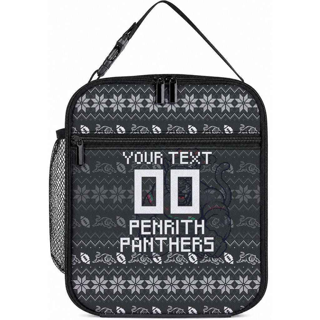 Personalized Penrith Panthers Christmas Lunch Bag Australian Rugby Fans - Pixelated Ugly Xmas Pattern Mascot Santa
