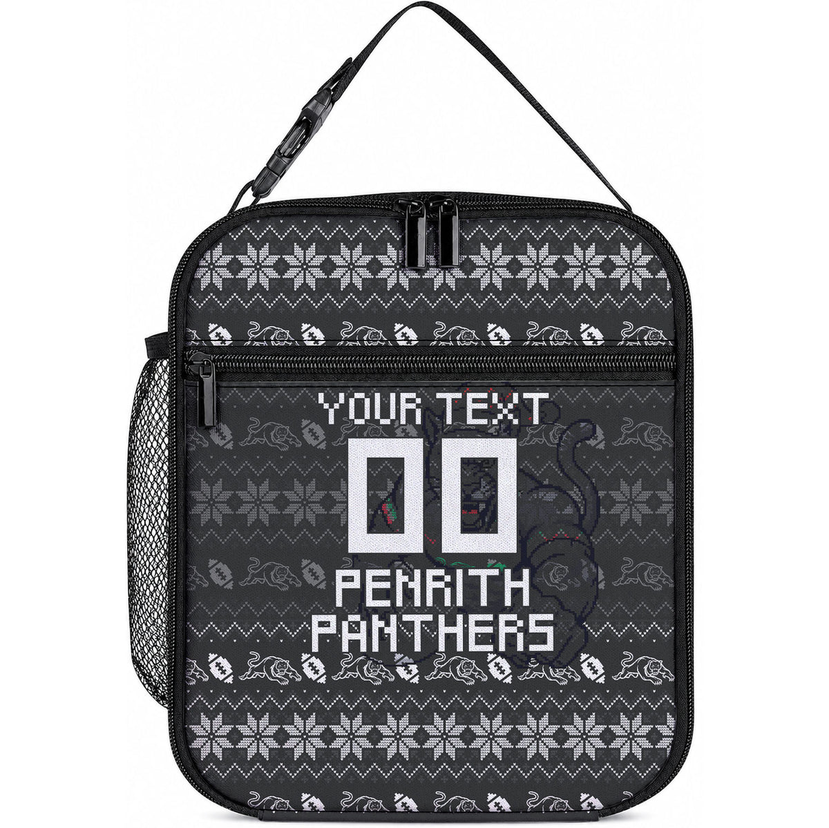 Personalized Penrith Panthers Christmas Lunch Bag Australian Rugby Fans - Pixelated Ugly Xmas Pattern Mascot Santa