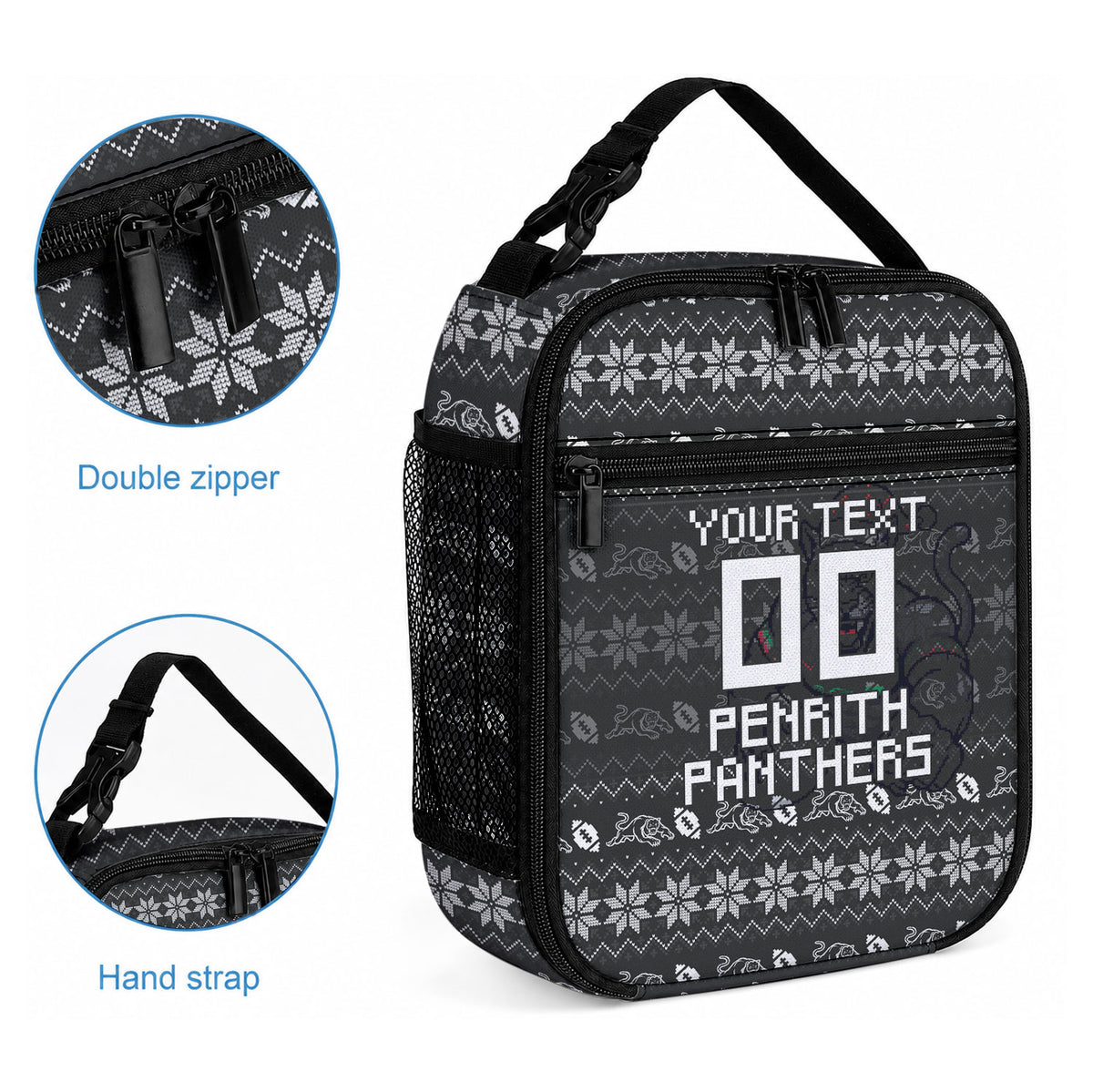 Personalized Penrith Panthers Christmas Lunch Bag Australian Rugby Fans - Pixelated Ugly Xmas Pattern Mascot Santa