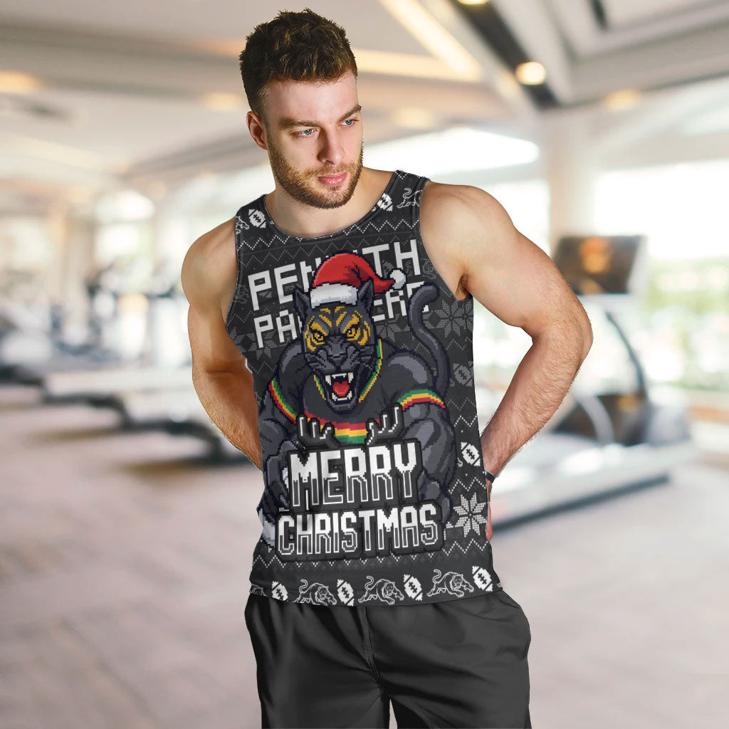 Personalized Penrith Panthers Christmas Men Tank Top Australian Rugby Fans - Pixelated Ugly Xmas Pattern Mascot Santa