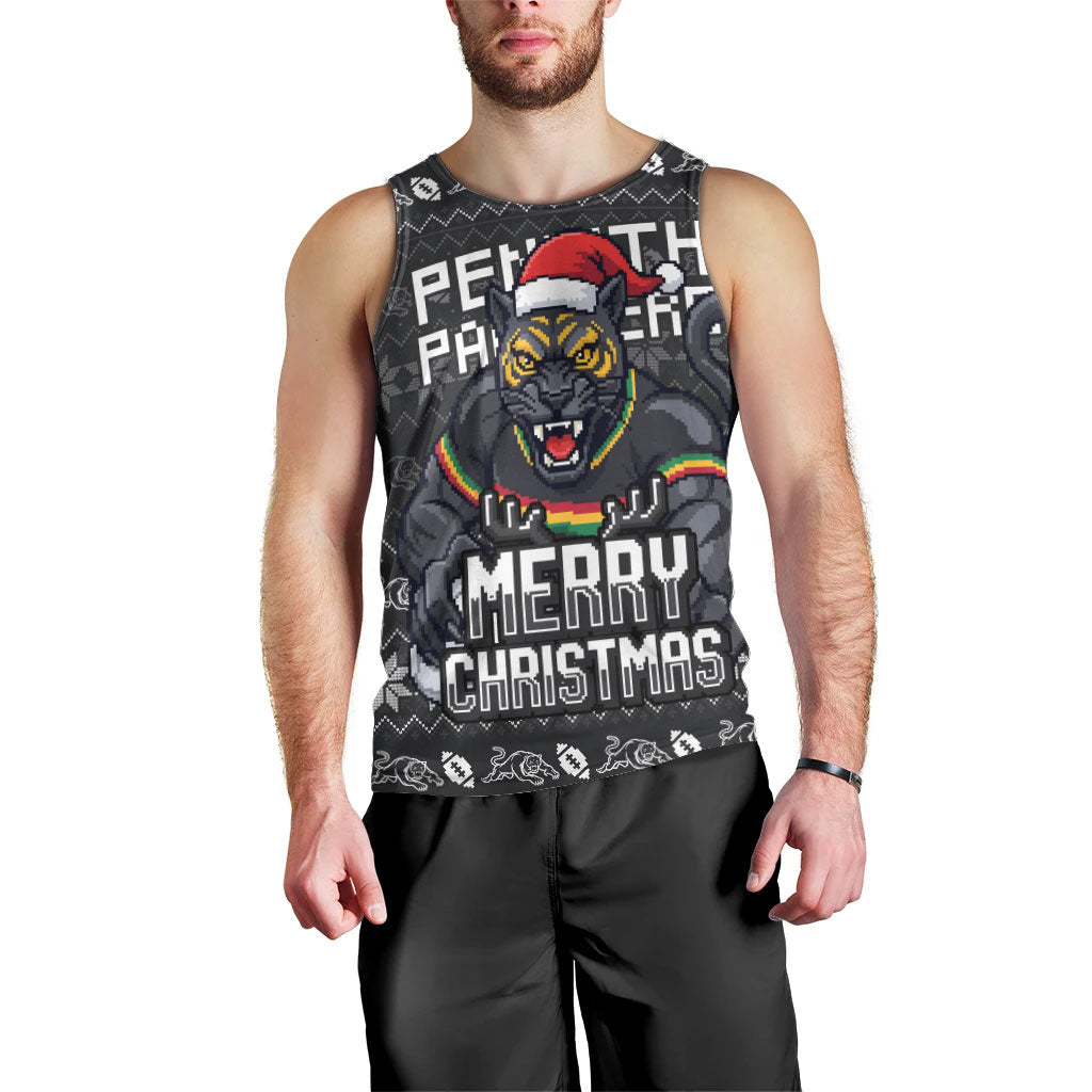 Personalized Penrith Panthers Christmas Men Tank Top Australian Rugby Fans - Pixelated Ugly Xmas Pattern Mascot Santa