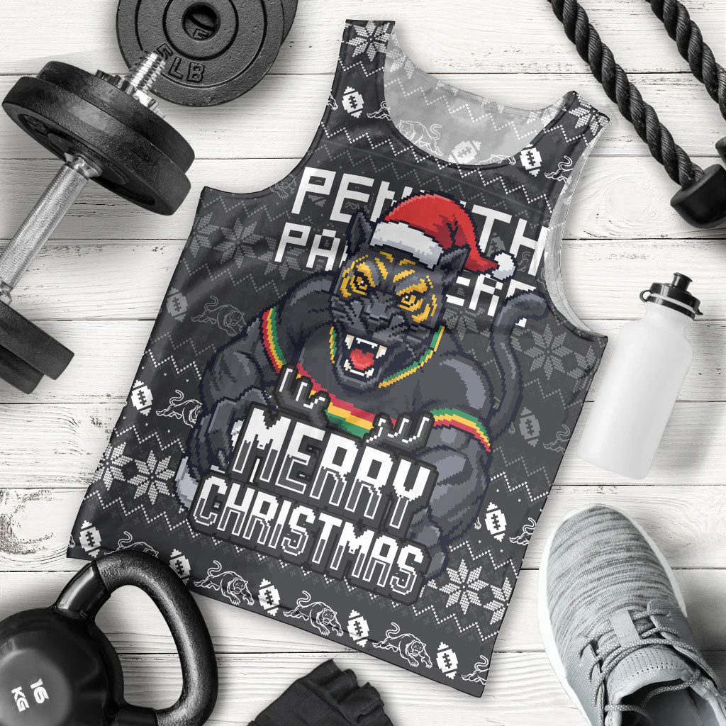 Personalized Penrith Panthers Christmas Men Tank Top Australian Rugby Fans - Pixelated Ugly Xmas Pattern Mascot Santa