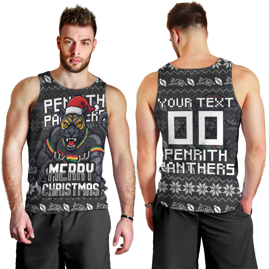 Personalized Penrith Panthers Christmas Men Tank Top Australian Rugby Fans - Pixelated Ugly Xmas Pattern Mascot Santa